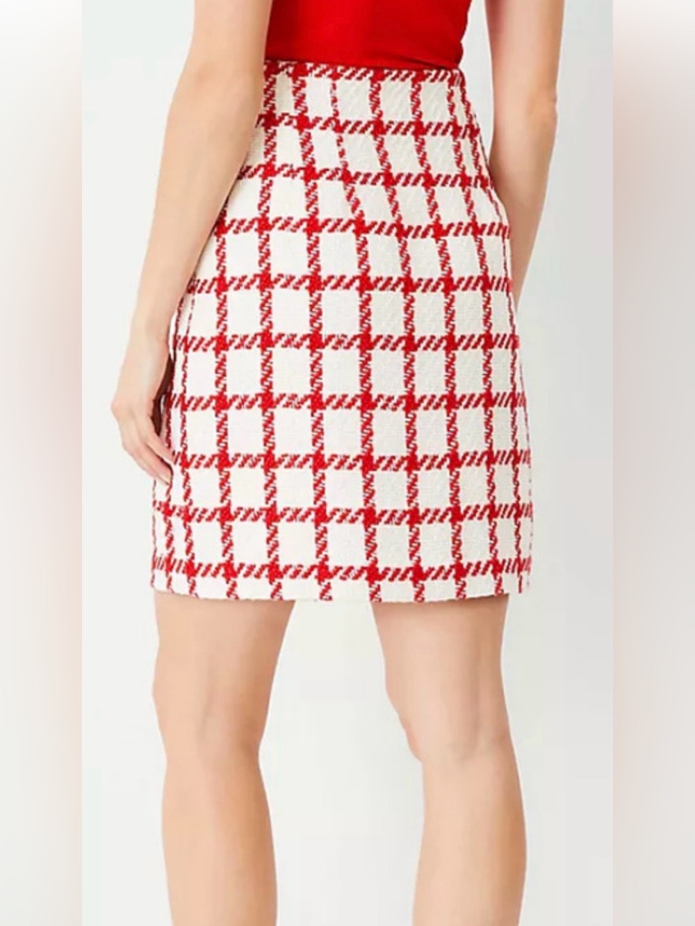 NWT Ann Taylor Red and White Plaid Tweed Mini Skirt - Picture 3 of 8